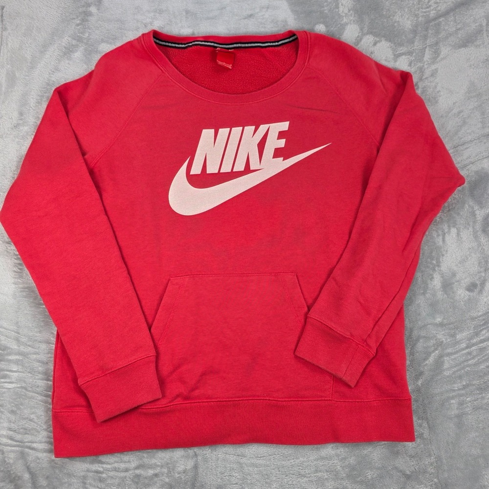 Nike‎ Sweatshirt Mens L Red Crewneck Fleece Pullover Big Swoosh Logo